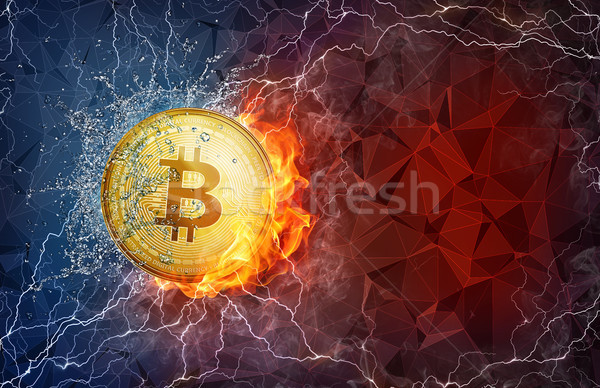 Golden bitcoin coin hard fork in fire flame, lightning and water splashes. Stock photo © RAStudio