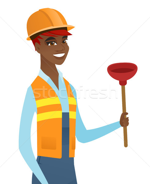 African-american plumber holding plunger. Stock photo © RAStudio