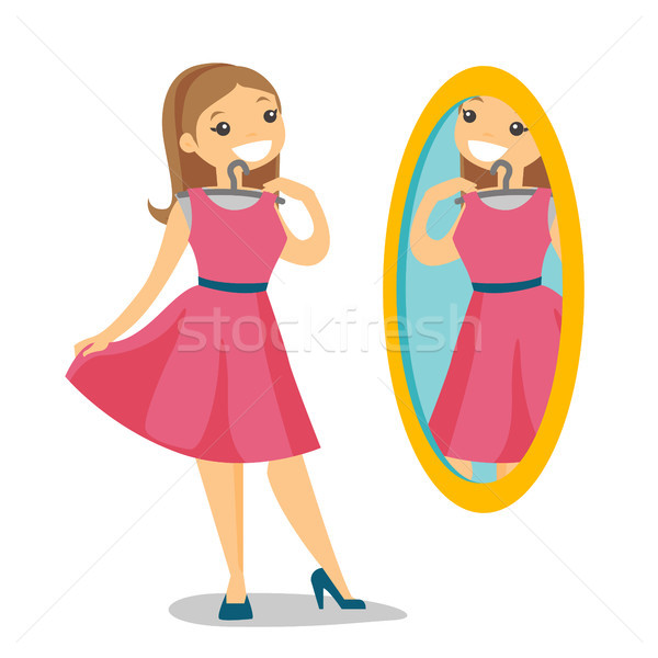 Foto d'archivio: Donna · guardando · specchio · spogliatoio · bianco