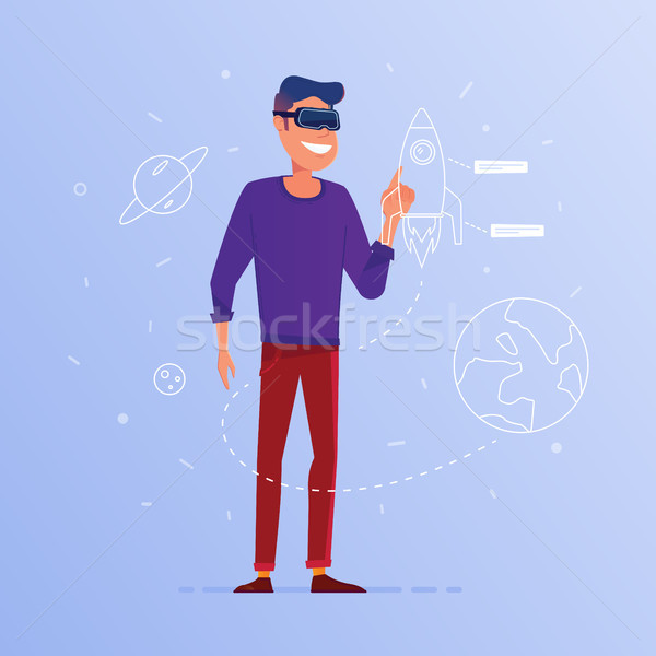A caucasian man in VR headset launching start up. Stock photo © RAStudio