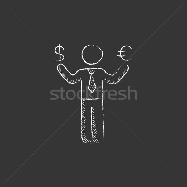 Businessman holding Euro and US dollar. Drawn in chalk icon. Stock photo © RAStudio