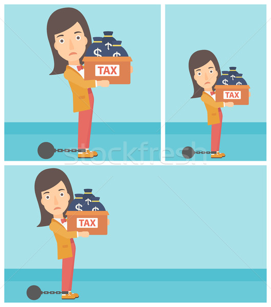 Chained business woman with bags full of taxes. Stock photo © RAStudio
