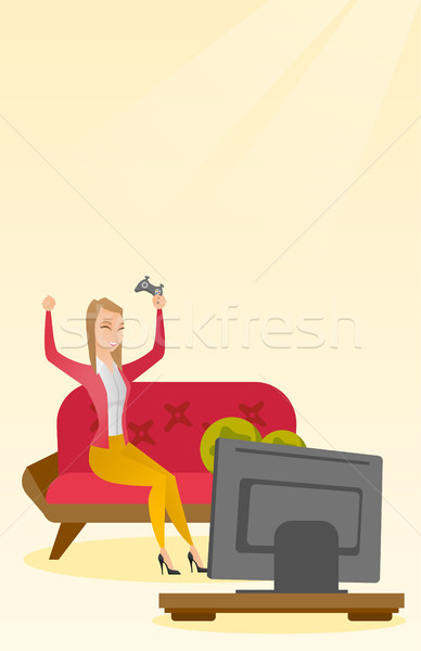 Mujer jugando videojuegos caucásico casa consolar Foto stock © RAStudio