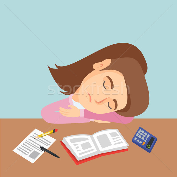 Young Caucasian Student Sleeping On The Desk Vector Illustration