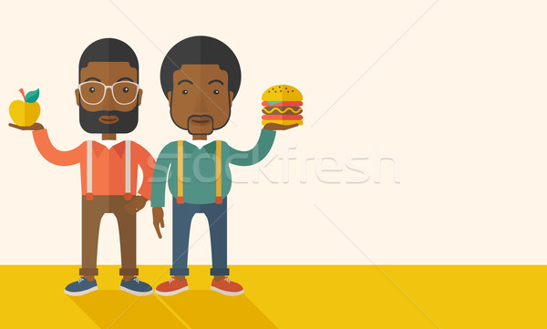 Two black businessmen comparing apple to hamburger. Stock photo © RAStudio
