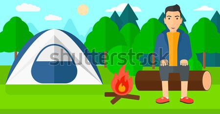 Foto stock: Homem · sessão · acampamento · asiático · fogo · camping