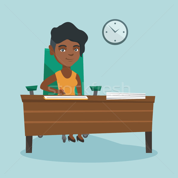 Stock photo: Young african business woman signing documents.