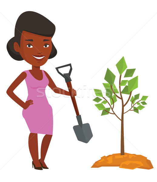 Stock photo: Woman plants tree vector illustration.