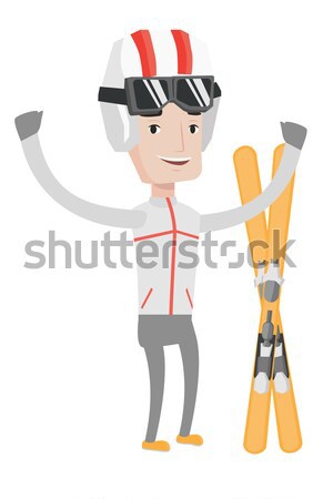 Alegre esquiador em pé as mãos levantadas sorridente Foto stock © RAStudio