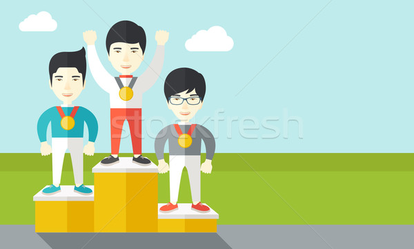 Cheerful winners on pedestal. Stock photo © RAStudio