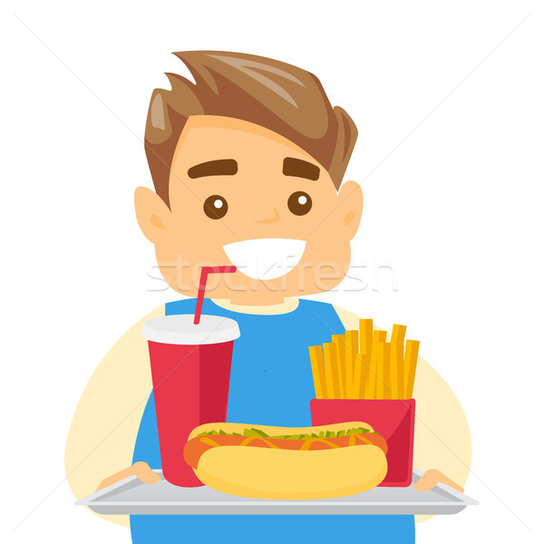 Caucasian white man holding tray full of fast food Stock photo © RAStudio
