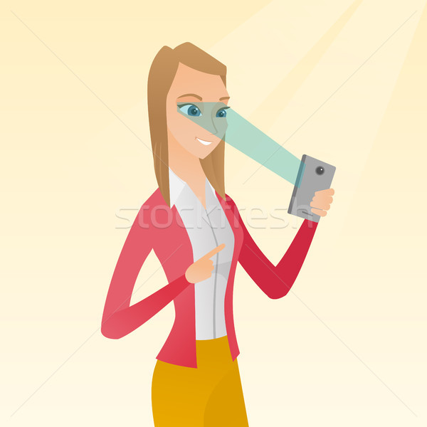 Nő írisz szkenner mobiltelefon kaukázusi okos Stock fotó © RAStudio