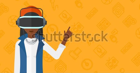 Foto stock: Mulher · virtual · realidade · fone · indicação