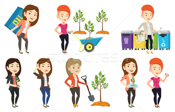 Foto stock: Vector · establecer · ecología · mujer