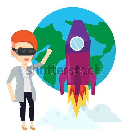 Stock photo: Woman in vr headset flying in open space.