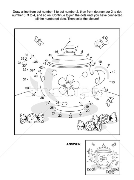 Dot-to-dot and coloring page with tea pot and candy Stock photo © ratselmeister