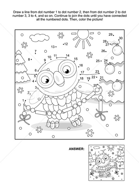 Dot-to-dot and coloring page with winter holiday owl Stock photo © ratselmeister