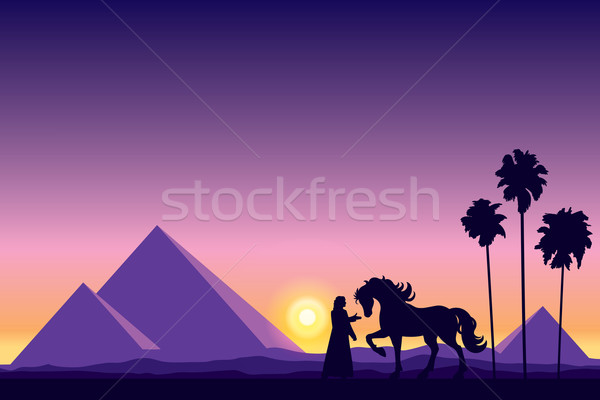 Egypt Great Pyramids with silhouette of Bedouin and horse on sun Stock photo © Ray_of_Light