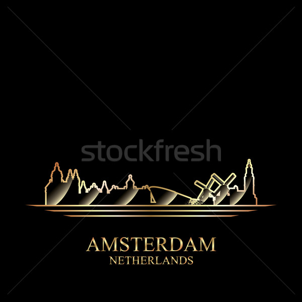 Stockfoto: Goud · silhouet · Amsterdam · zwarte · gebouw · skyline
