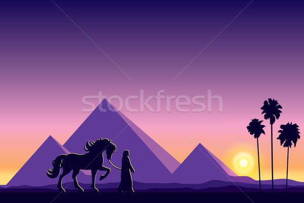 Egypt Great Pyramids with silhouette of Bedouin and horse on sun Stock photo © Ray_of_Light
