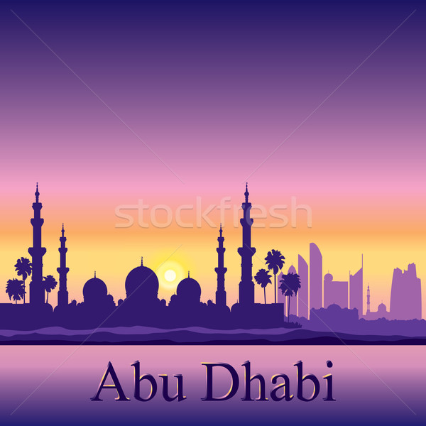 Abu Dhabi horizonte silueta mezquita edificio puesta de sol Foto stock © Ray_of_Light