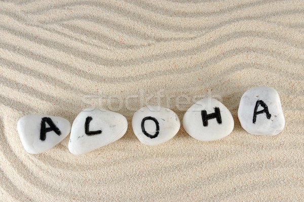 Stockfoto: Aloha · woord · groep · stenen · zand · achtergrond