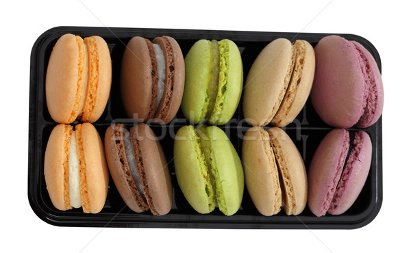 [[stock_photo]]: Macarons · vue · plateau · isolé · blanche