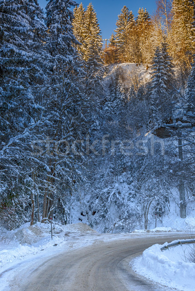 Foto stock: Inverno · estrada · belo · alpes · temporada · de · inverno · céu