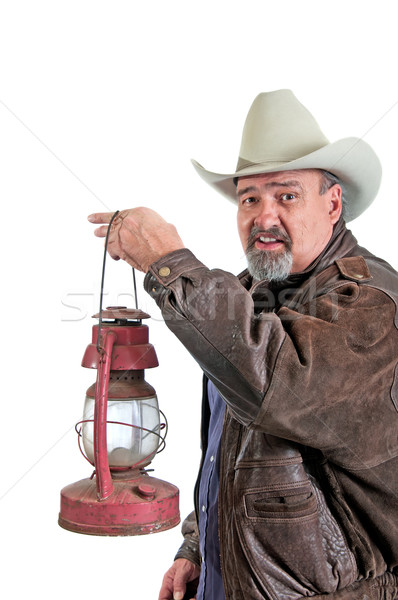 Foto stock: Sorridente · vaqueiro · lanterna · maduro · celeiro · isolado