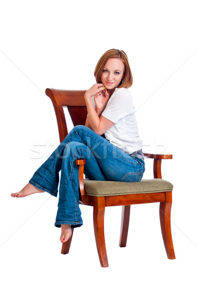Ziemlich blau Mädchen entspannenden Arm Stuhl Stock foto © rcarner