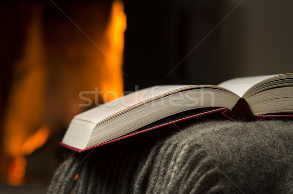 Nyitott könyv kandalló békés közelkép pihen kar Stock fotó © Reaktori