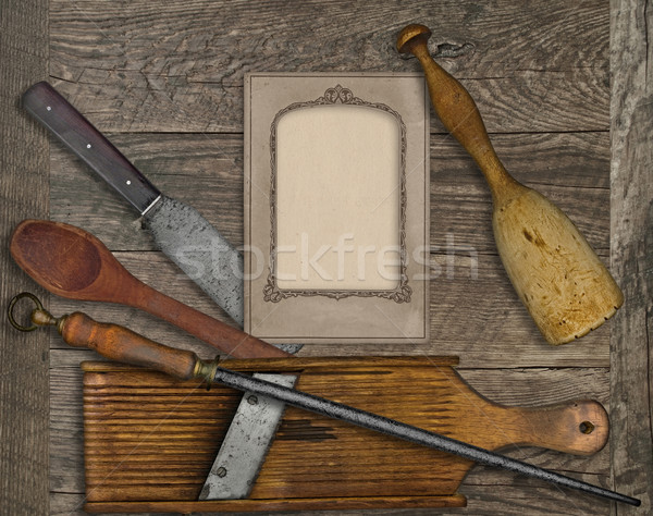 Jahrgang Menü Karte Besteck Küche Holzbrett Stock foto © RedDaxLuma