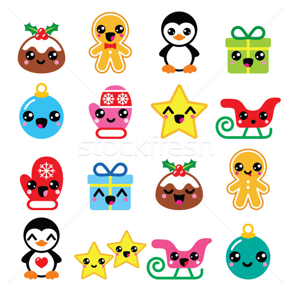 Christmas Kawaii icons - Christmas pudding, penguin, gingerbread man  Stock photo © RedKoala