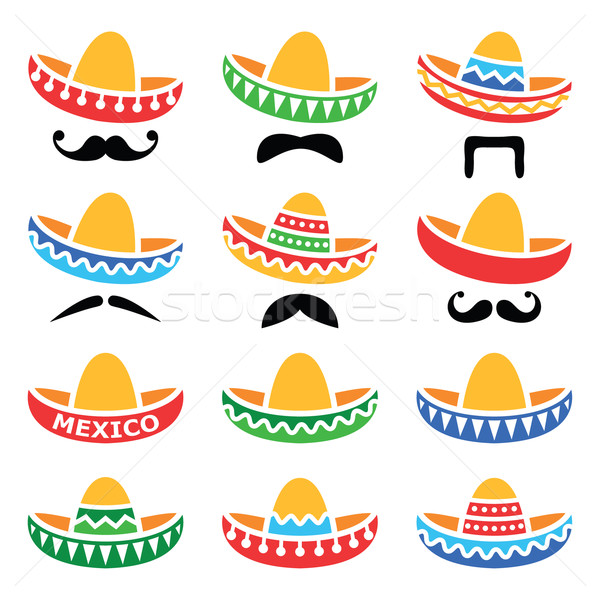  Mexican Sombrero hat with moustache or mustache icons  Stock photo © RedKoala