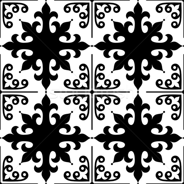 Spanish tiles pattern, Moroccan and Portuguese tile seamless design in black and white - Azulejo Stock photo © RedKoala