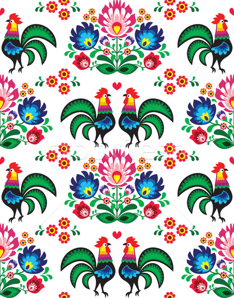 Seamless Polish folk art pattern with roosters - Wzory Lowickie, wycinanka Stock photo © RedKoala