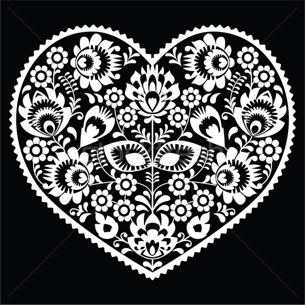    Polish white folk art heart pattern on black - wzory lowickie, wycinanka  Stock photo © RedKoala