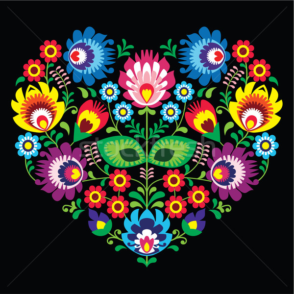  Polish, Slavic folk art art heart with flowers on black - wzory lowickie, wycinanka  Stock photo © RedKoala
