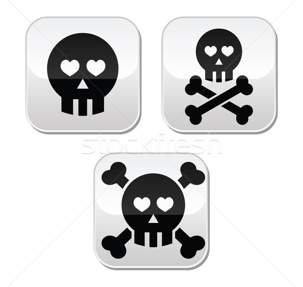 Cartoon skull with bones and hearts vector buttons set Stock photo © RedKoala