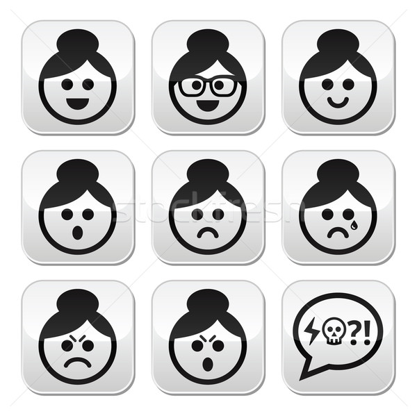 Stock photo: Grandma face, woman with bun hair vector buttons set