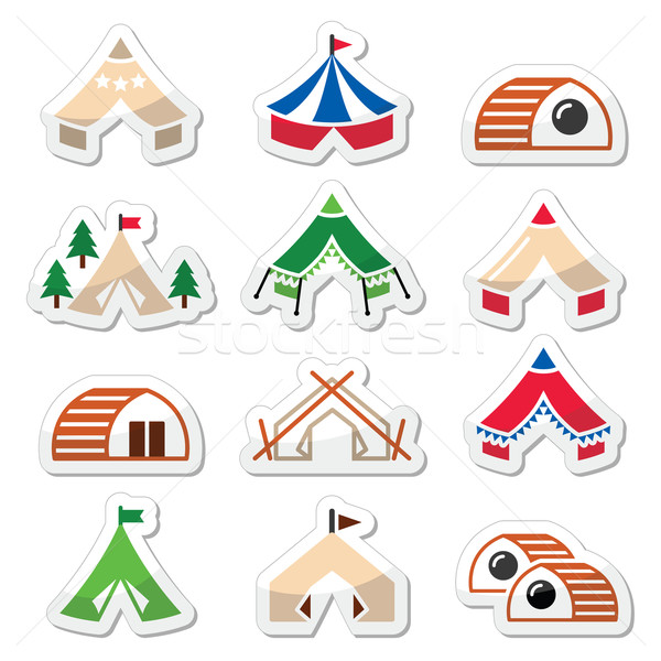 Glamping, luxurious camping tents and bambu houses icons set  Stock photo © RedKoala
