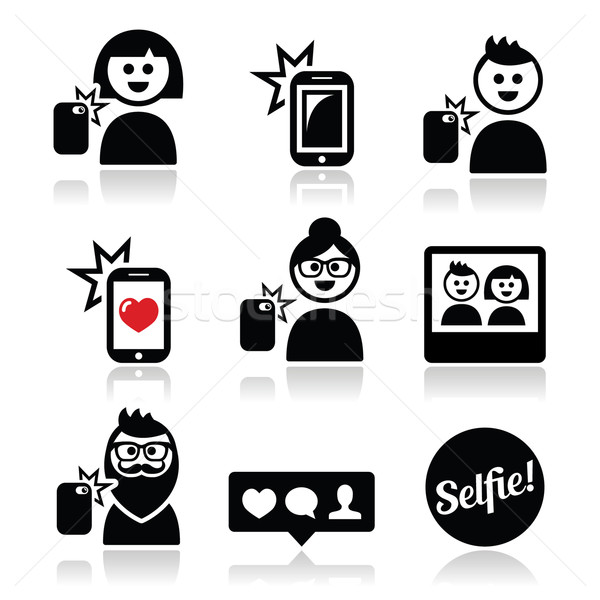 Man, woman taking selfie with mobile or cell phone icons set Stock photo © RedKoala