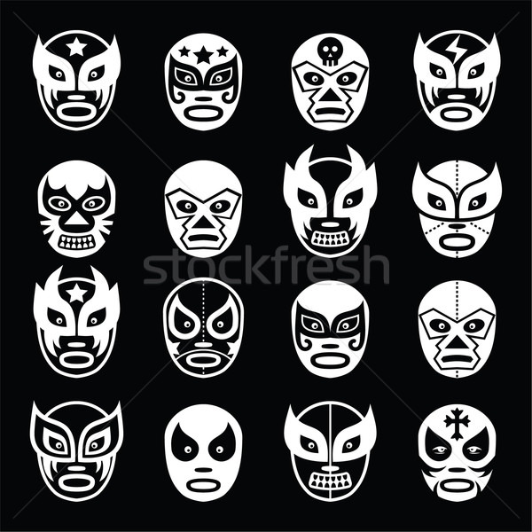 Lucha libre, luchador Mexican wrestling white masks icons on black  Stock photo © RedKoala