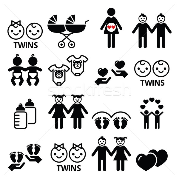 Twin babies icons set - double pram, twin boy and girl designs Stock photo © RedKoala