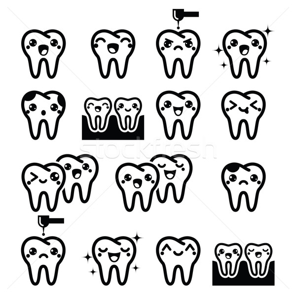 Kawaii Tooth, cute teeth characters - black vector icons set Stock photo © RedKoala