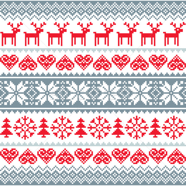 Stock photo: Winter, Christmas red and grey seamless pattern, Nordic background with reindeer and snowflakes 