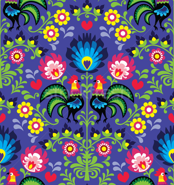 Seamless Polish folk art pattern with roosters - Wzory Lowickie, Wycinanka Stock photo © RedKoala