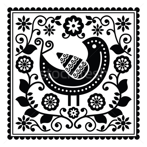 Folk art black pattern with bird and flowers Stock photo © RedKoala