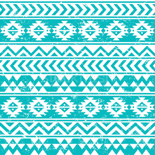 Aztec tribal seamless grunge white pattern on blue background Stock photo © RedKoala