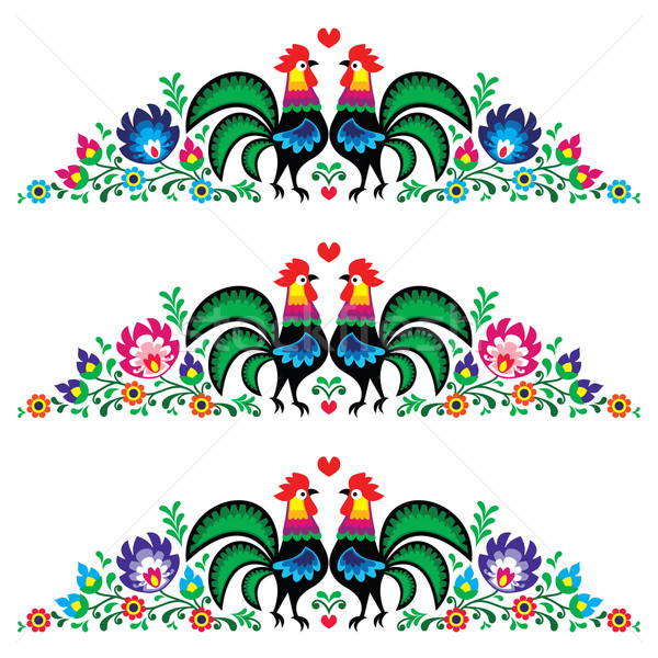 Polish floral folk long embroidery pattern with roosters - wzory lowickie Stock photo © RedKoala